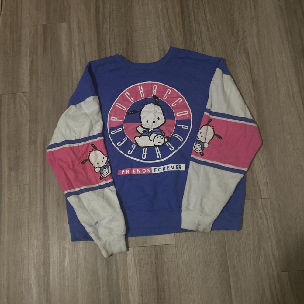 Sanrio Blue and Pink Crew Neck Sweater with Graphic Design